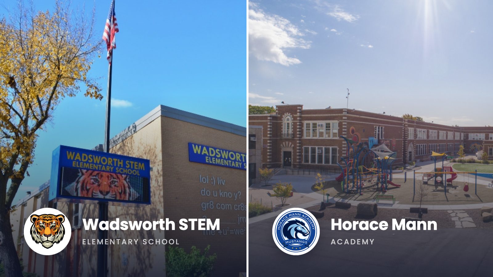 Side-by-side exterior photos of Wadsworth STEM Elementary School and Horace Mann, each with its school logo.