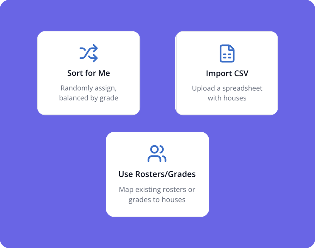 Three options for assigning students to houses: Sort for Me, Import CSV, and Use Rosters/Grades