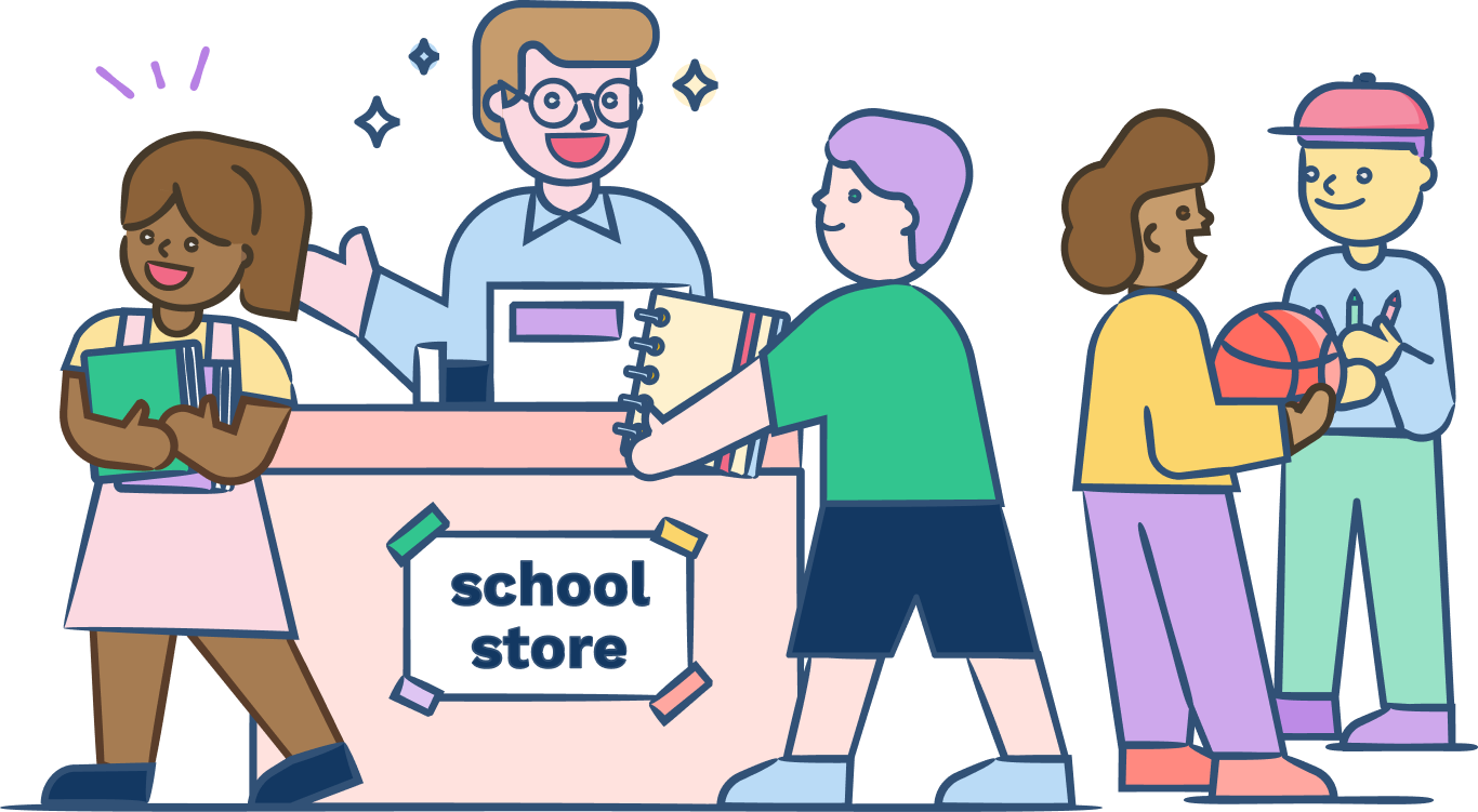 Illustration of a school rewards store with students and staff