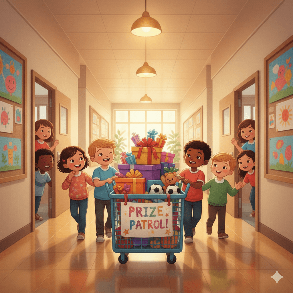 Illustration of excited students pushing a prize-filled delivery cart through a school hallway as classmates peek out of doorways
